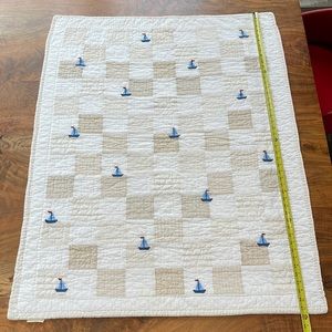 POTTERY BARN KIDS Embroidered crib quilt- white/blue sailboats nautical nursery